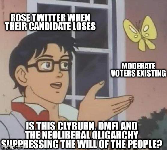 is this butterfly | ROSE TWITTER WHEN THEIR CANDIDATE LOSES; MODERATE VOTERS EXISTING; IS THIS CLYBURN, DMFI AND THE NEOLIBERAL OLIGARCHY SUPPRESSING THE WILL OF THE PEOPLE? | image tagged in is this butterfly,Enough_Sanders_Spam | made w/ Imgflip meme maker
