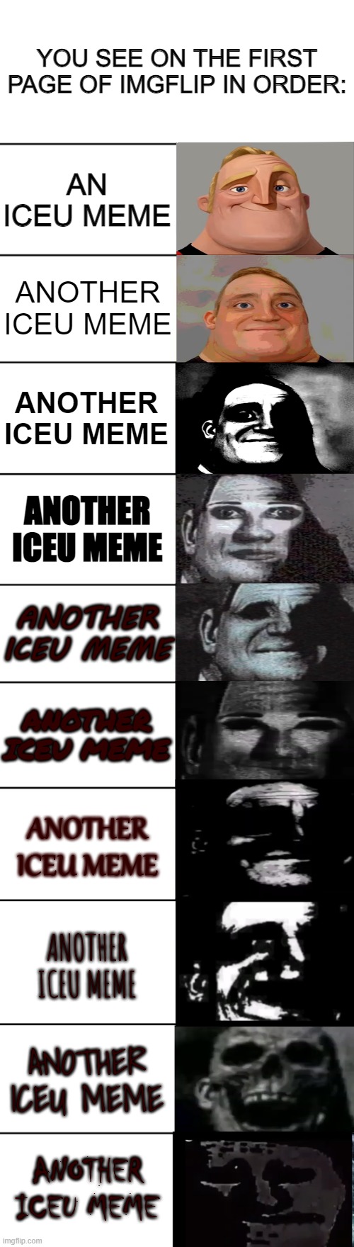 Iceu is going to take over imgflip one day |  YOU SEE ON THE FIRST PAGE OF IMGFLIP IN ORDER:; AN ICEU MEME; ANOTHER ICEU MEME; ANOTHER ICEU MEME; ANOTHER ICEU MEME; ANOTHER ICEU MEME; ANOTHER ICEU MEME; ANOTHER ICEU MEME; ANOTHER ICEU MEME; ANOTHER ICEU MEME; ANOTHER ICEU MEME | image tagged in mr incredible becoming uncanny,another iceu meme,made you look,iceu | made w/ Imgflip meme maker