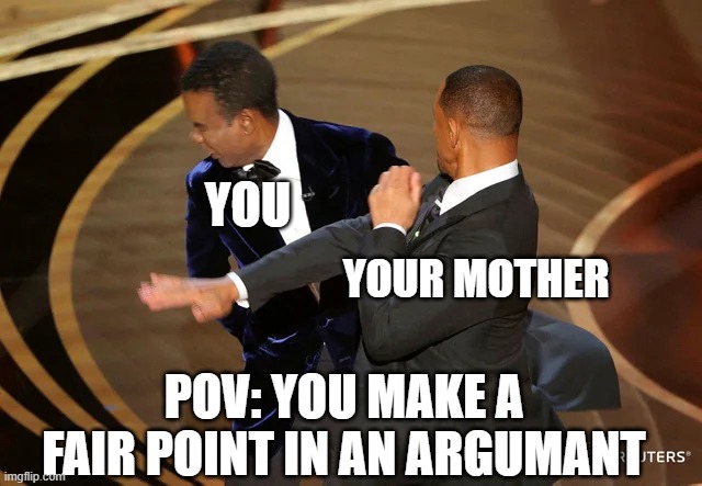 Will Smith punching Chris Rock | YOU; YOUR MOTHER; POV: YOU MAKE A FAIR POINT IN AN ARGUMANT | image tagged in will smith punching chris rock | made w/ Imgflip meme maker