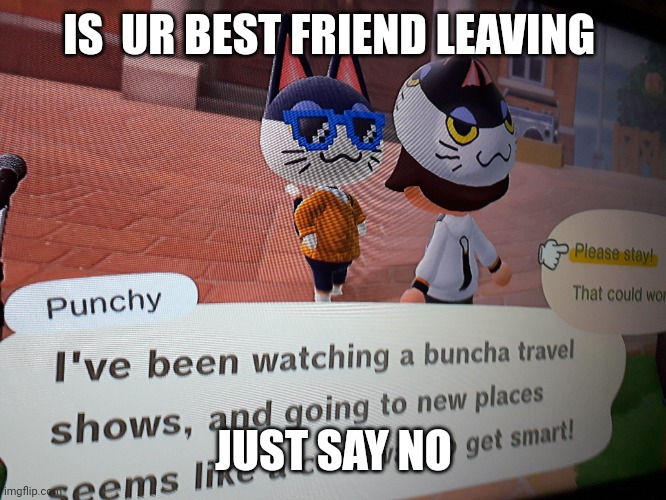 Best Friend leaving just say No | IS  UR BEST FRIEND LEAVING; JUST SAY NO | image tagged in meme,animal crossing | made w/ Imgflip meme maker