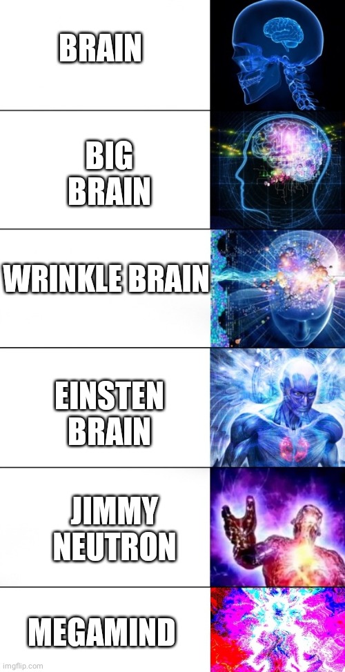 Mega brain expansion | BRAIN BIG BRAIN WRINKLE BRAIN EINSTEN BRAIN JIMMY NEUTRON MEGAMIND | image tagged in mega brain expansion | made w/ Imgflip meme maker