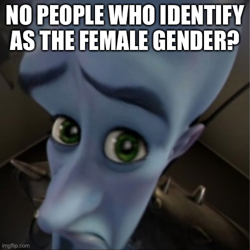 No People Who Identify As The Female Gender? | NO PEOPLE WHO IDENTIFY AS THE FEMALE GENDER? | image tagged in megamind peeking | made w/ Imgflip meme maker