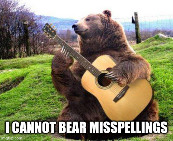 bear with guitar  | I CANNOT BEAR MISSPELLINGS | image tagged in bear with guitar | made w/ Imgflip meme maker