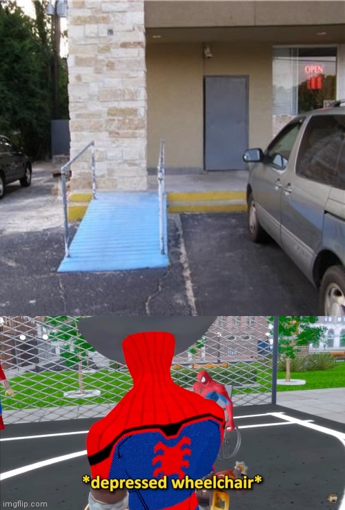 Ramp placement fail | image tagged in depressed wheelchair,ramp,you had one job,memes,meme,handicapped | made w/ Imgflip meme maker