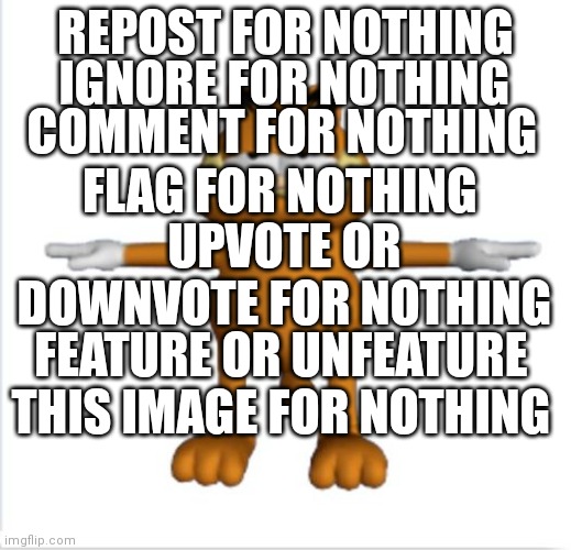 Change title for nothing | IGNORE FOR NOTHING; REPOST FOR NOTHING; COMMENT FOR NOTHING; FLAG FOR NOTHING; UPVOTE OR DOWNVOTE FOR NOTHING; FEATURE OR UNFEATURE THIS IMAGE FOR NOTHING | image tagged in garfield t-pose,change tags to get laid | made w/ Imgflip meme maker