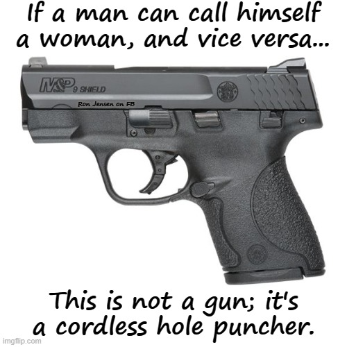 THIS IS NOT A GUN |  If a man can call himself a woman, and vice versa... Ron Jensen on FB; This is not a gun; it's a cordless hole puncher. | image tagged in guns,transgender,trans,gun rights,gun loving conservative,gun | made w/ Imgflip meme maker