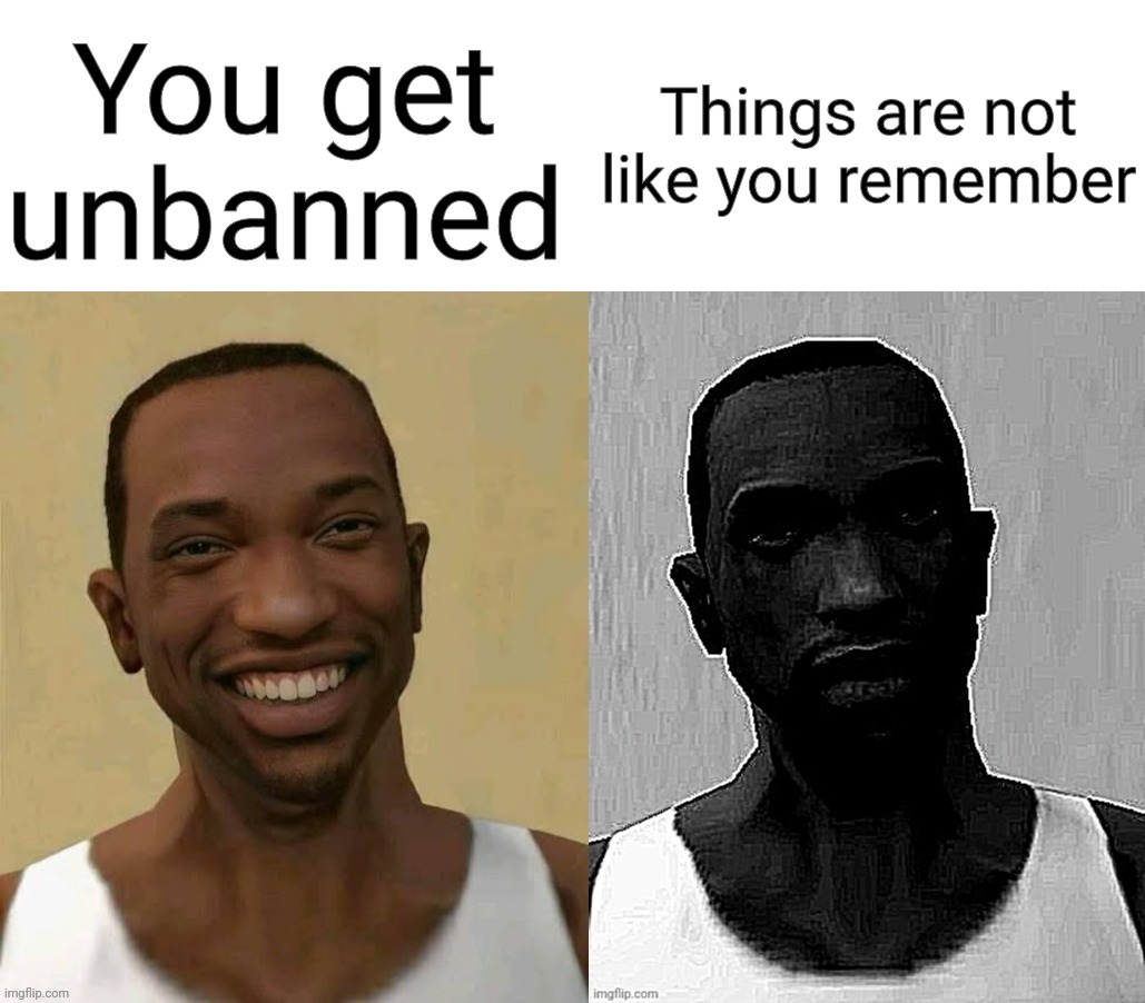 Traumatized CJ | You get unbanned; Things are not like you remember | image tagged in traumatized cj | made w/ Imgflip meme maker