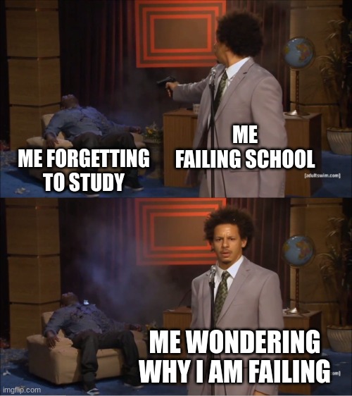 Who truly remembers to study | ME FAILING SCHOOL; ME FORGETTING TO STUDY; ME WONDERING WHY I AM FAILING | image tagged in memes,who killed hannibal | made w/ Imgflip meme maker