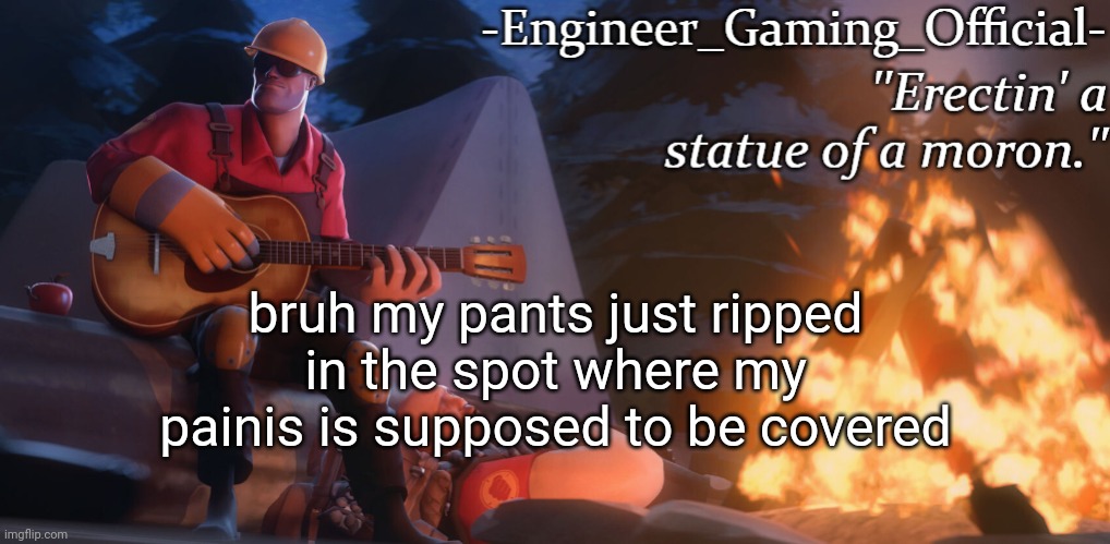 Engineer Gaming Official temp | bruh my pants just ripped in the spot where my painis is supposed to be covered | image tagged in engineer gaming official temp | made w/ Imgflip meme maker