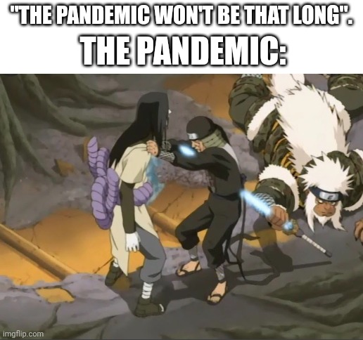 Like, 6 episodes just to fight. | THE PANDEMIC:; "THE PANDEMIC WON'T BE THAT LONG". | image tagged in blank white template | made w/ Imgflip meme maker