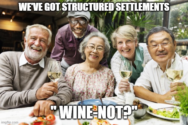 Structured Settlements for Seniors | WE'VE GOT STRUCTURED SETTLEMENTS; " WINE-NOT?" | image tagged in structured settlements,structured settlement,senior structured settlements,drinking wine | made w/ Imgflip meme maker