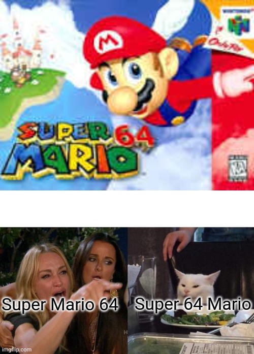 Super 64 Mario HAYOOOOOO |  Super 64 Mario; Super Mario 64 | image tagged in memes,woman yelling at cat,super mario,super mario 64,nintendo,mario | made w/ Imgflip meme maker