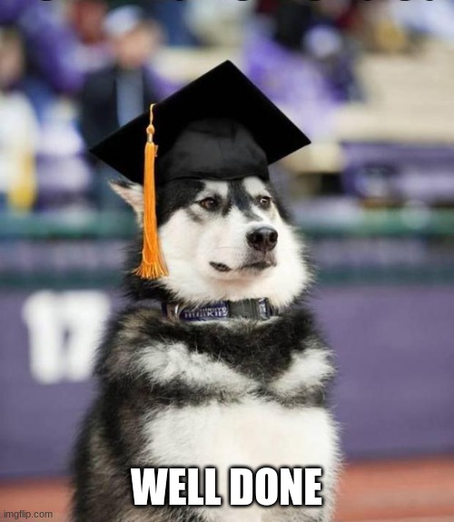 Graduate Dog | WELL DONE | image tagged in graduate dog | made w/ Imgflip meme maker