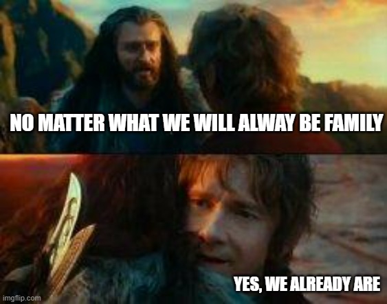 family | NO MATTER WHAT WE WILL ALWAY BE FAMILY; YES, WE ALREADY ARE | image tagged in hobbit i've never been so wrong | made w/ Imgflip meme maker