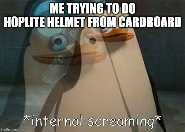 why life is brutal | ME TRYING TO DO HOPLITE HELMET FROM CARDBOARD | image tagged in private internal screaming | made w/ Imgflip meme maker