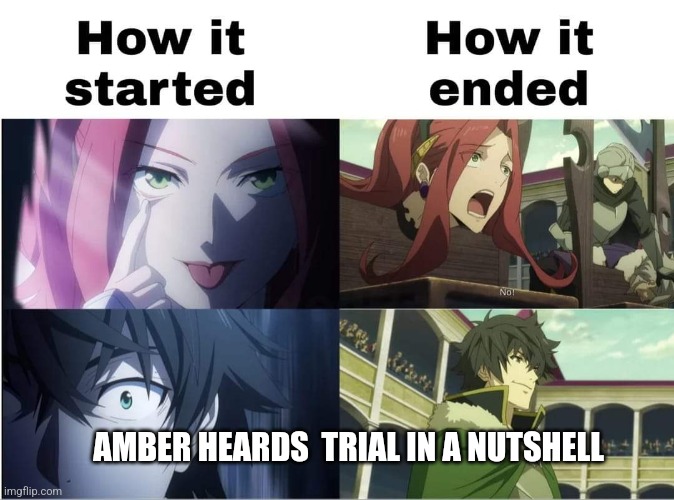 The Rising of the Shield Hero | AMBER HEARDS  TRIAL IN A NUTSHELL | image tagged in the rising of the shield hero | made w/ Imgflip meme maker