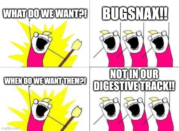 This entire stream in a nutshell | WHAT DO WE WANT?! BUGSNAX!! NOT IN OUR DIGESTIVE TRACK!! WHEN DO WE WANT THEM?! | image tagged in memes,what do we want | made w/ Imgflip meme maker