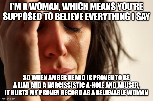 Men are abused at a higher rate than women when you factor prison r*pe. But let's not allow facts to get in the way. | I'M A WOMAN, WHICH MEANS YOU'RE SUPPOSED TO BELIEVE EVERYTHING I SAY; SO WHEN AMBER HEARD IS PROVEN TO BE A LIAR AND A NARCISSISTIC A-HOLE AND ABUSER, IT HURTS MY PROVEN RECORD AS A BELIEVABLE WOMAN | image tagged in memes,first world problems | made w/ Imgflip meme maker