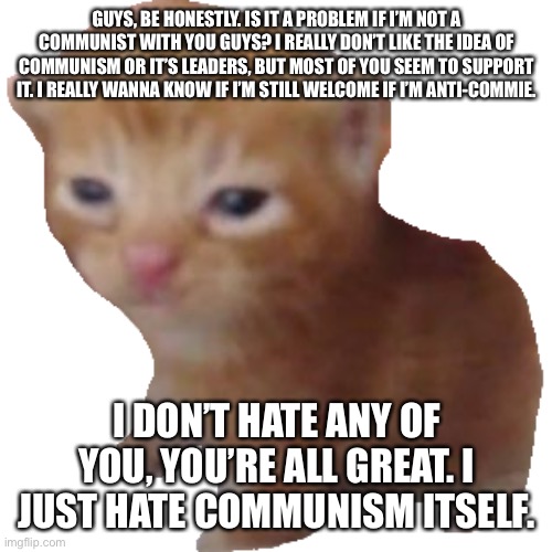 Herbert | GUYS, BE HONESTLY. IS IT A PROBLEM IF I’M NOT A COMMUNIST WITH YOU GUYS? I REALLY DON’T LIKE THE IDEA OF COMMUNISM OR IT’S LEADERS, BUT MOST OF YOU SEEM TO SUPPORT IT. I REALLY WANNA KNOW IF I’M STILL WELCOME IF I’M ANTI-COMMIE. I DON’T HATE ANY OF YOU, YOU’RE ALL GREAT. I JUST HATE COMMUNISM ITSELF. | image tagged in herbert | made w/ Imgflip meme maker