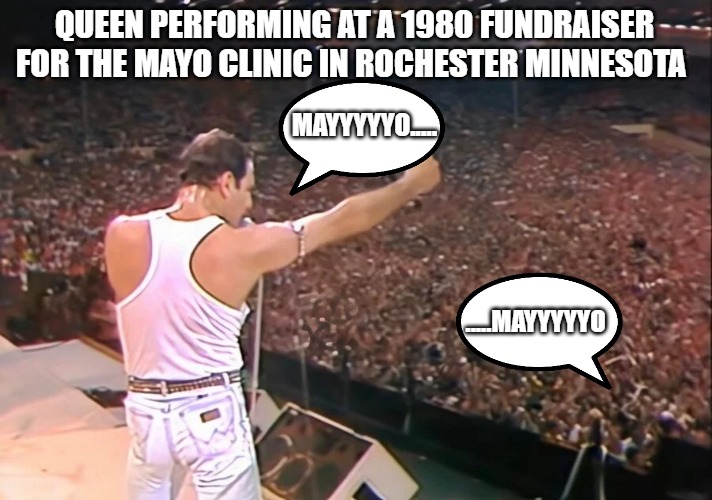 Queen |  QUEEN PERFORMING AT A 1980 FUNDRAISER FOR THE MAYO CLINIC IN ROCHESTER MINNESOTA; MAYYYYYO..... .....MAYYYYYO | image tagged in freddie mercury | made w/ Imgflip meme maker