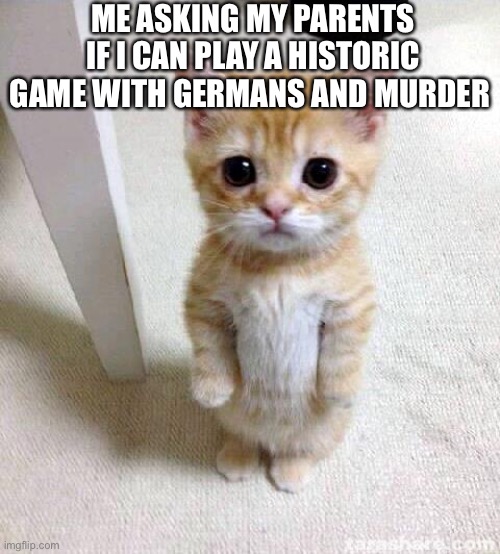 I dont know is this gaming or history |  ME ASKING MY PARENTS IF I CAN PLAY A HISTORIC GAME WITH GERMANS AND MURDER | image tagged in memes,cute cat,germans | made w/ Imgflip meme maker