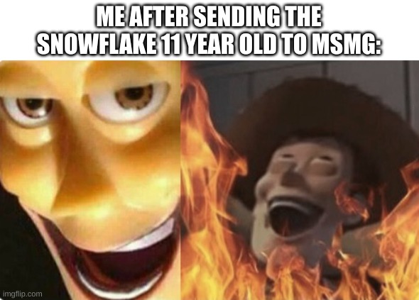 Satanic woody (no spacing) | ME AFTER SENDING THE SNOWFLAKE 11 YEAR OLD TO MSMG: | image tagged in satanic woody no spacing | made w/ Imgflip meme maker