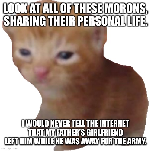 Why would I tell the whole internet about this? | LOOK AT ALL OF THESE MORONS, SHARING THEIR PERSONAL LIFE. I WOULD NEVER TELL THE INTERNET THAT MY FATHER’S GIRLFRIEND LEFT HIM WHILE HE WAS AWAY FOR THE ARMY. | image tagged in herbert | made w/ Imgflip meme maker