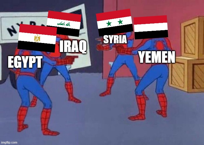 Spider-man Quadruple | IRAQ; SYRIA; EGYPT; YEMEN | image tagged in spider-man quadruple | made w/ Imgflip meme maker