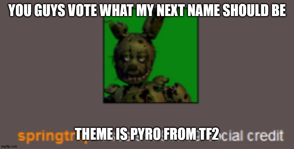 Springtrap loses 999999999 social credit | YOU GUYS VOTE WHAT MY NEXT NAME SHOULD BE; THEME IS PYRO FROM TF2 | image tagged in springtrap loses 999999999 social credit | made w/ Imgflip meme maker