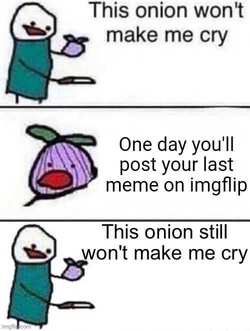 This onion won't make me cry (twisted ending) | One day you'll post your last meme on imgflip | image tagged in this onion won't make me cry twisted ending | made w/ Imgflip meme maker