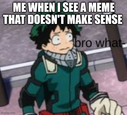 bro what- deku face | ME WHEN I SEE A MEME THAT DOESN'T MAKE SENSE | image tagged in bro what- deku face | made w/ Imgflip meme maker