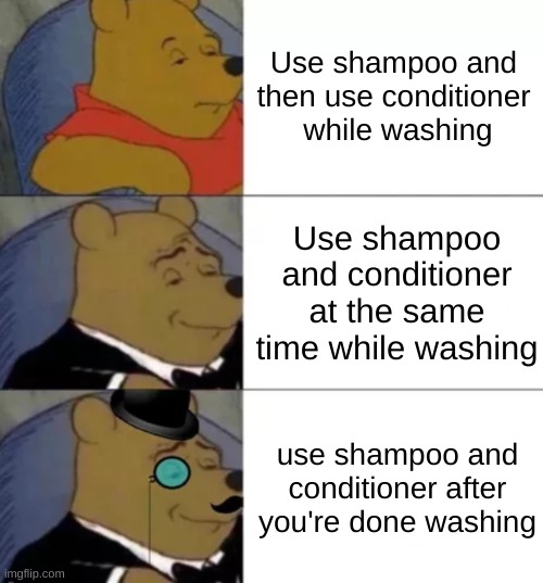 147 iq play | Use shampoo and then use conditioner  while washing; Use shampoo and conditioner at the same time while washing; use shampoo and conditioner after you're done washing | image tagged in fancy pooh | made w/ Imgflip meme maker
