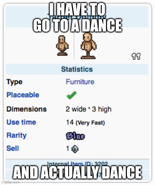 My school bro ? | I HAVE TO GO TO A DANCE; AND ACTUALLY DANCE | image tagged in terraria training dummy | made w/ Imgflip meme maker
