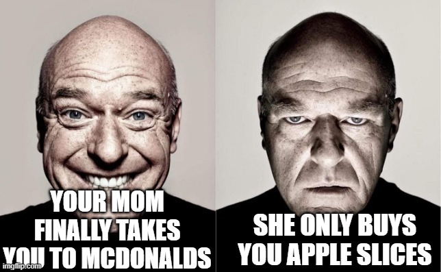 >:( |  SHE ONLY BUYS YOU APPLE SLICES; YOUR MOM FINALLY TAKES YOU TO MCDONALDS | image tagged in hank,mcdonalds,donald trump approves,sad,funny memes | made w/ Imgflip meme maker