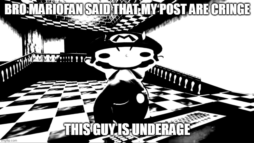 Very angry mario | BRO MARIOFAN SAID THAT MY POST ARE CRINGE; THIS GUY IS UNDERAGE | image tagged in very angry mario | made w/ Imgflip meme maker