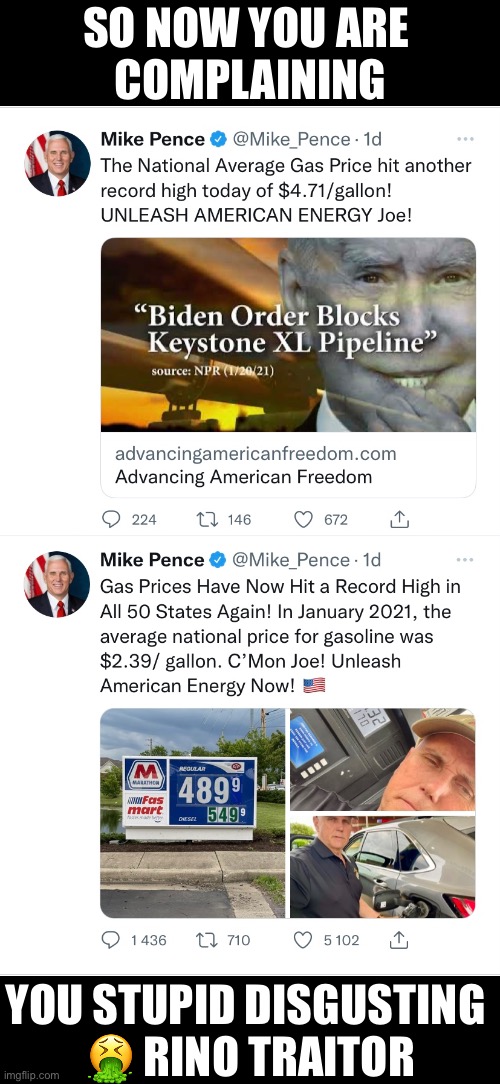 Mike Pence complains. |  SO NOW YOU ARE 
COMPLAINING; YOU STUPID DISGUSTING 
🤮 RINO TRAITOR | image tagged in mike pence,pence,vice president,rino,traitor,disgusting | made w/ Imgflip meme maker