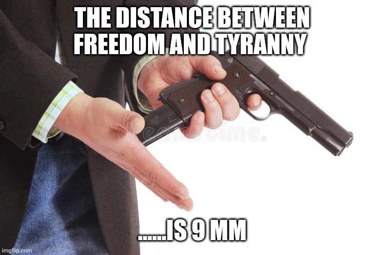 Man loading gun | THE DISTANCE BETWEEN FREEDOM AND TYRANNY; ......IS 9 MM | image tagged in man loading gun | made w/ Imgflip meme maker