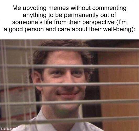 Jim Halpert | Me upvoting memes without commenting anything to be permanently out of someone’s life from their perspective (I’m a good person and care about their well-being): | image tagged in jim halpert | made w/ Imgflip meme maker