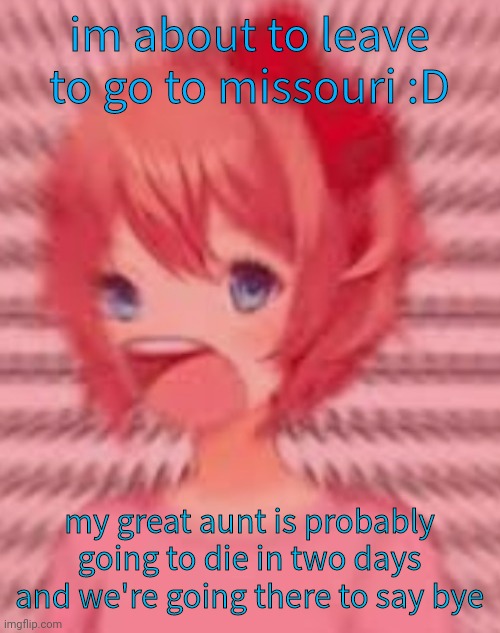 why do i say these things when nobody cares | im about to leave to go to missouri :D; my great aunt is probably going to die in two days and we're going there to say bye | image tagged in a | made w/ Imgflip meme maker