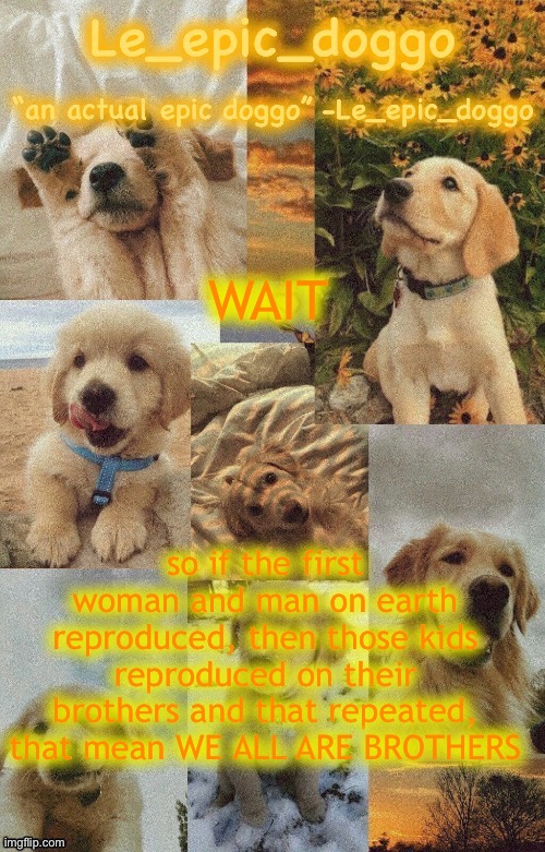 Doggo temp by doggo. Wait what that’s confusing | WAIT; so if the first woman and man on earth reproduced, then those kids reproduced on their brothers and that repeated, that mean WE ALL ARE BROTHERS | image tagged in doggo temp by doggo wait what that s confusing | made w/ Imgflip meme maker