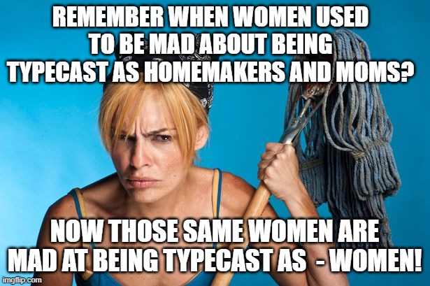 What Is A Woman | REMEMBER WHEN WOMEN USED TO BE MAD ABOUT BEING TYPECAST AS HOMEMAKERS AND MOMS? NOW THOSE SAME WOMEN ARE MAD AT BEING TYPECAST AS  - WOMEN! | image tagged in cangry cleaner women,politics,memes,so true memes,political memes,women | made w/ Imgflip meme maker
