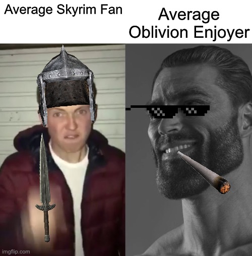 Average Fan vs Average Enjoyer | Average Oblivion Enjoyer; Average Skyrim Fan | image tagged in average fan vs average enjoyer,skyrim,oblivion | made w/ Imgflip meme maker