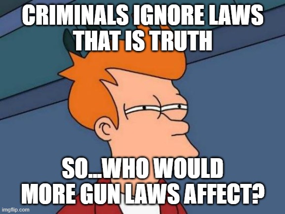 Futurama Fry | CRIMINALS IGNORE LAWS
THAT IS TRUTH; SO...WHO WOULD MORE GUN LAWS AFFECT? | image tagged in memes,futurama fry | made w/ Imgflip meme maker