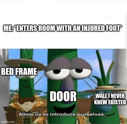 Allow us to introduce ourselves | ME: *ENTERS ROOM WITH AN INJURED FOOT*; BED FRAME; DOOR; WALL I NEVER KNEW EXISTED | image tagged in allow us to introduce ourselves | made w/ Imgflip meme maker