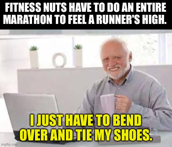 Truth | FITNESS NUTS HAVE TO DO AN ENTIRE MARATHON TO FEEL A RUNNER'S HIGH. I JUST HAVE TO BEND OVER AND TIE MY SHOES. | image tagged in harold | made w/ Imgflip meme maker