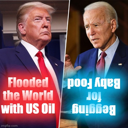 In Sixteen Months, The World Turned Upsidedown | Flooded the World with US Oil; Begging for Baby Food | image tagged in trump biden,inflation,election fraud,evil | made w/ Imgflip meme maker