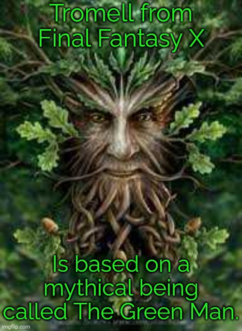 Did you know? | Tromell from Final Fantasy X; Is based on a mythical being called The Green Man. | image tagged in green man,video game,tradition,belief,fun fact,legend | made w/ Imgflip meme maker