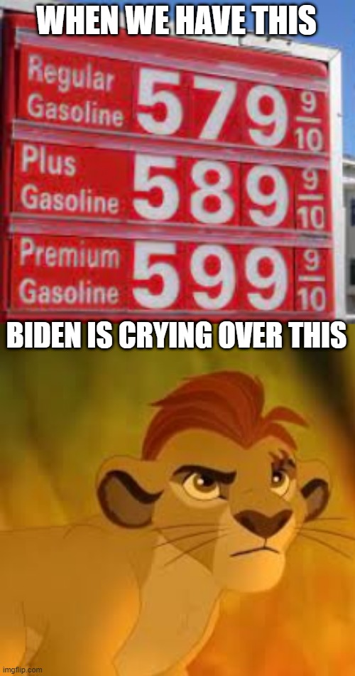 The second image is the Kion crybaby template, Biden uses it to cry over Lion Guard. Biden uploaded the template. | WHEN WE HAVE THIS; BIDEN IS CRYING OVER THIS | image tagged in high gas price sign,kion crybaby,memes,biden,the lion guard | made w/ Imgflip meme maker