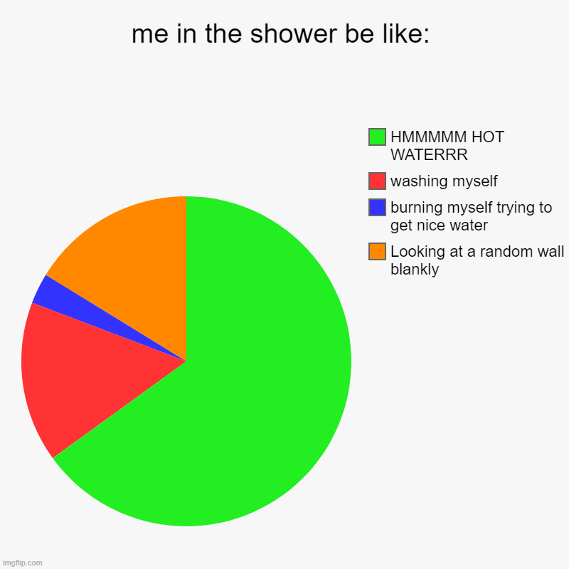 L o l | me in the shower be like: | Looking at a random wall blankly, burning myself trying to get nice water, washing myself, HMMMMM HOT WATERRR | image tagged in charts,pie charts | made w/ Imgflip chart maker