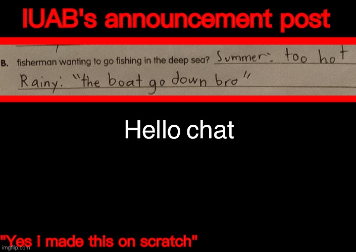 Hello chat | image tagged in iuab s announcement temp | made w/ Imgflip meme maker